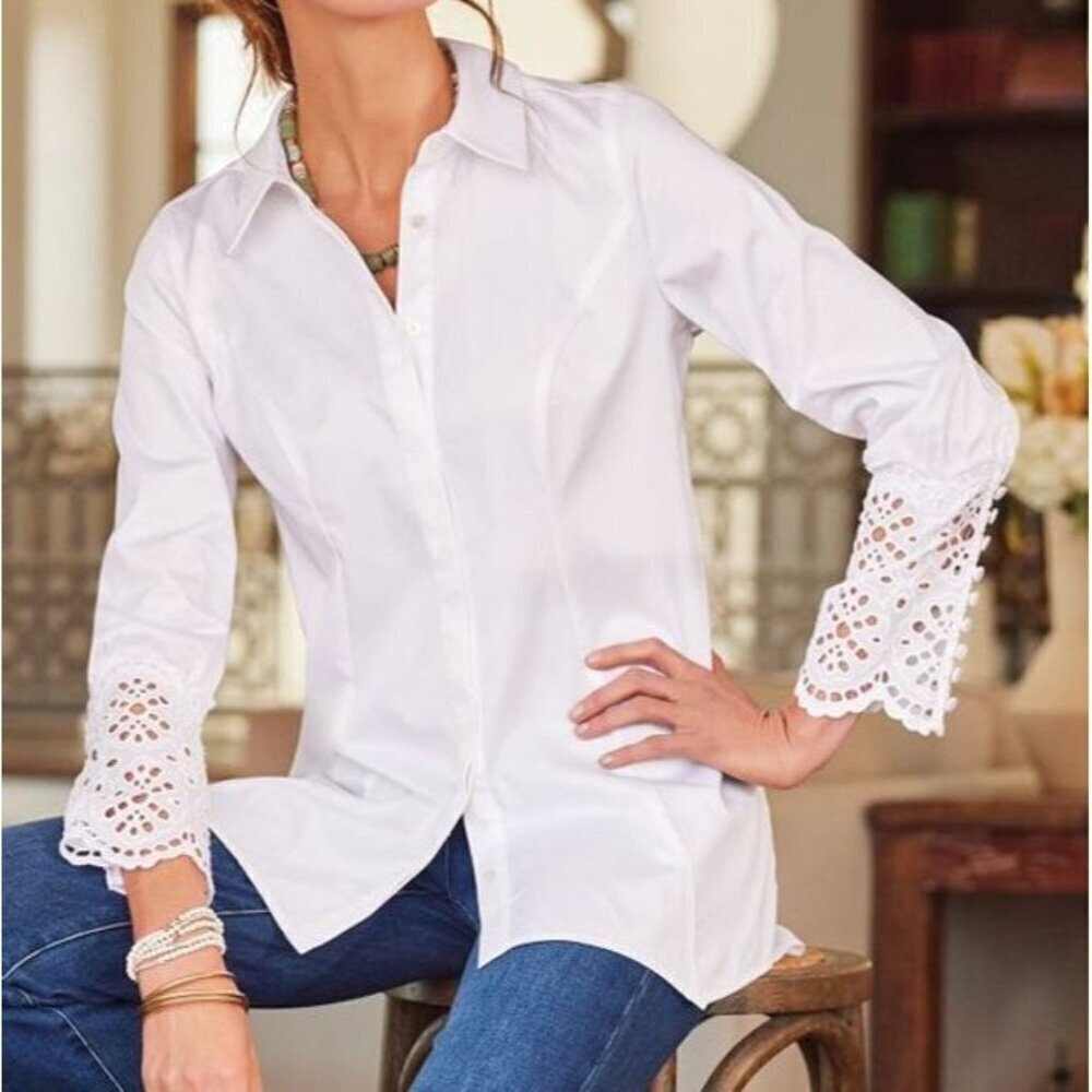 Soft Surroundings White Long Sleeve Embroidered Lace Cuff Button Front Tunic Top